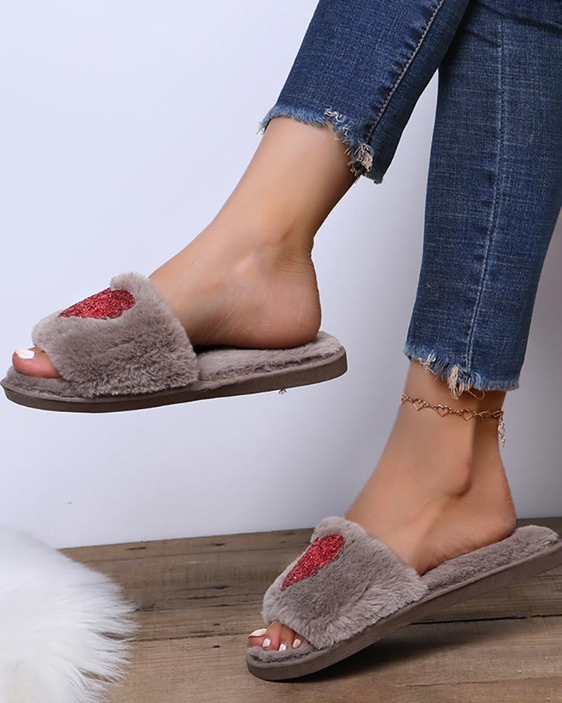 

Heart Pattern Glitter Fuzzy Slippers, Khaki