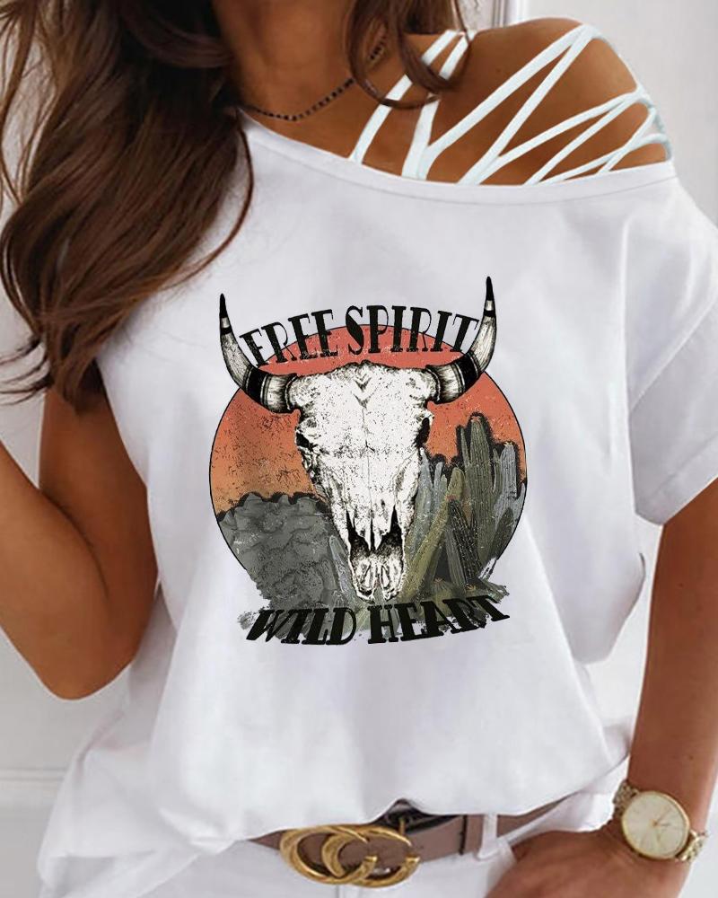 

Free Spirit Wild Heart Highland Cattle Print Cold Shoulder T-shirt Western Country Music Graphic Tee, White