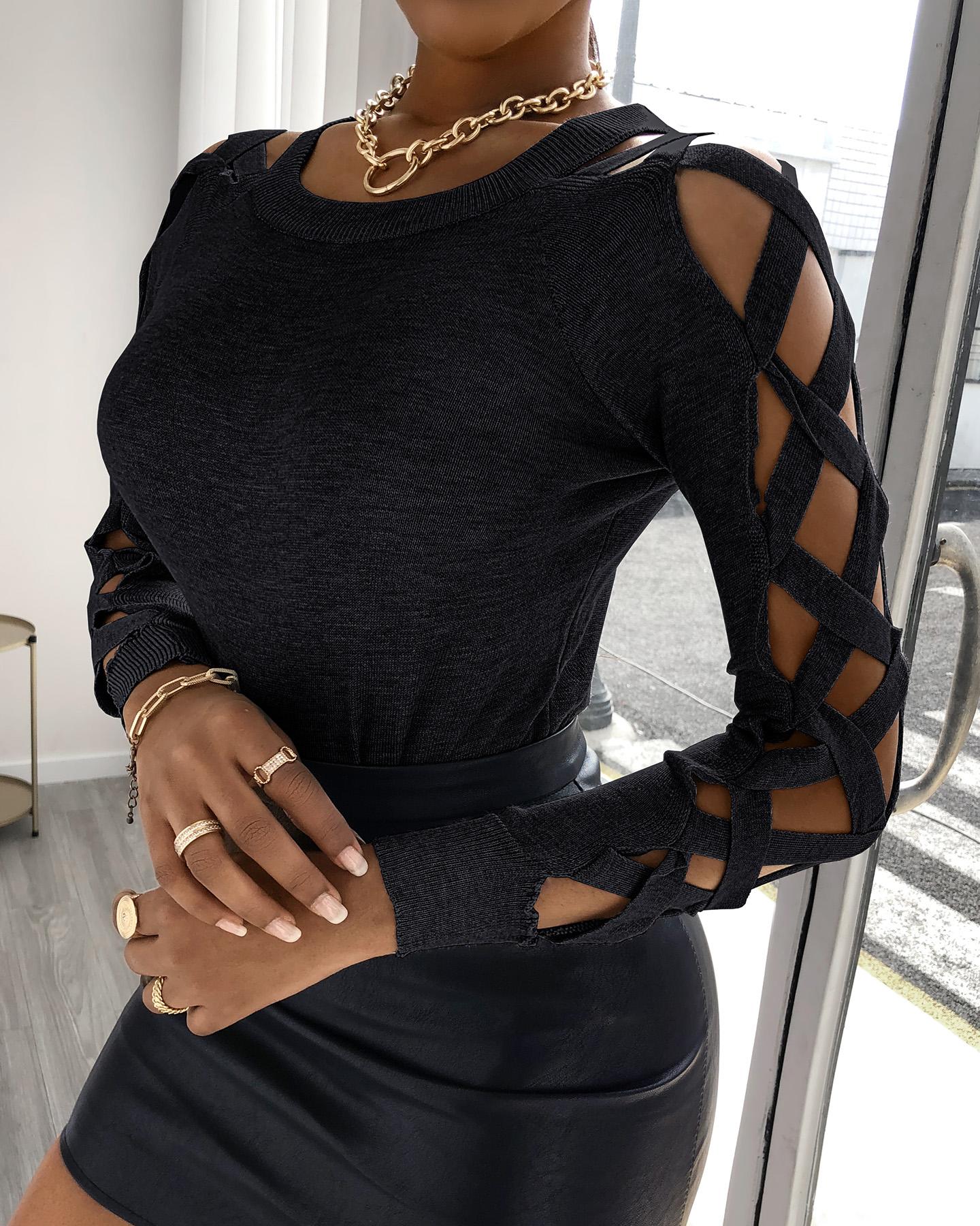 

Plain Cutout Crisscross Long Sleeve Top, Black