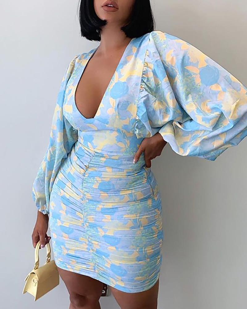 

Floral Pattern Print Lantern Sleeve Ruched Bodycon Dress, Blue