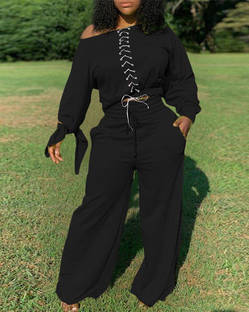 

Plus Size Grommet Eyelet Lace-up Top & Pants Set, Black