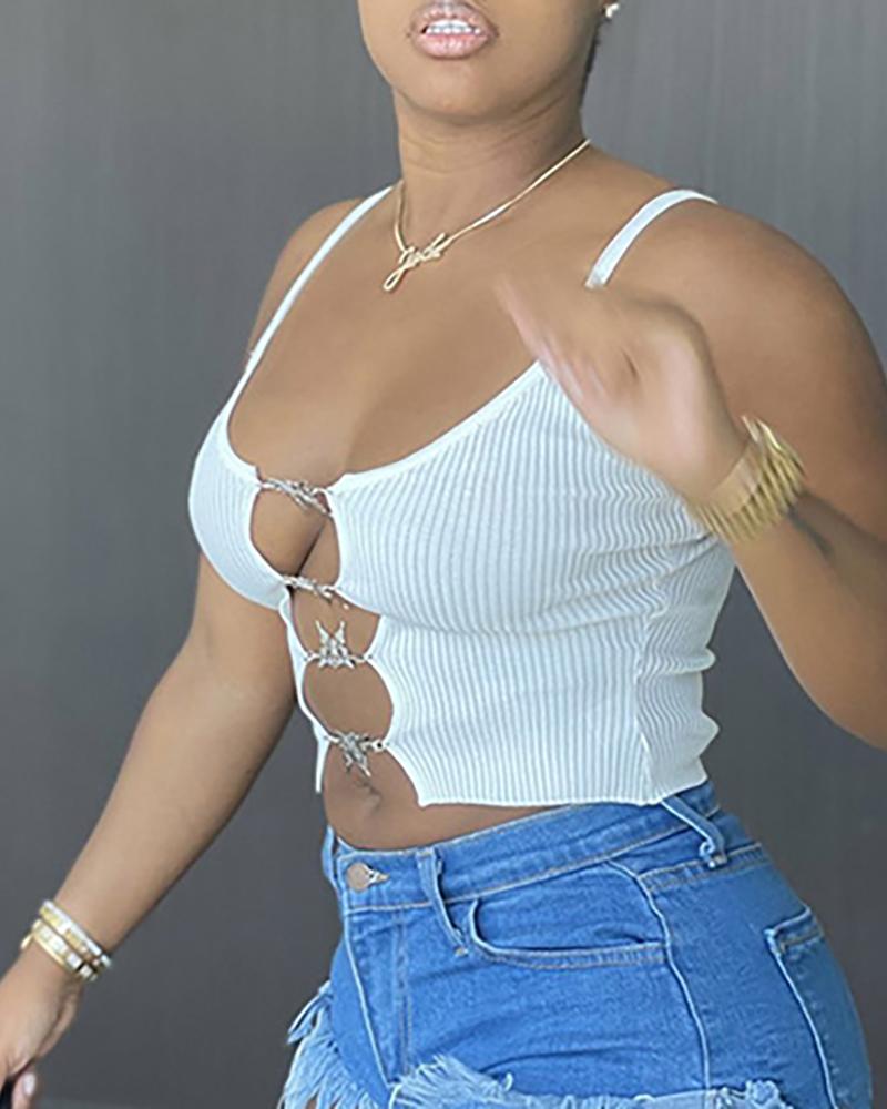 

Plain Spaghetti Strap Cutout Crop Bodycon Top, White