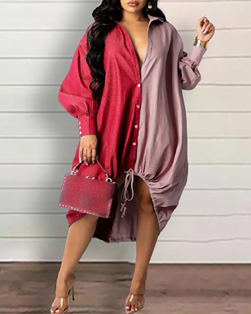 

Lantern Sleeve Button Front Colorblock Denim Shirt Dress, Red