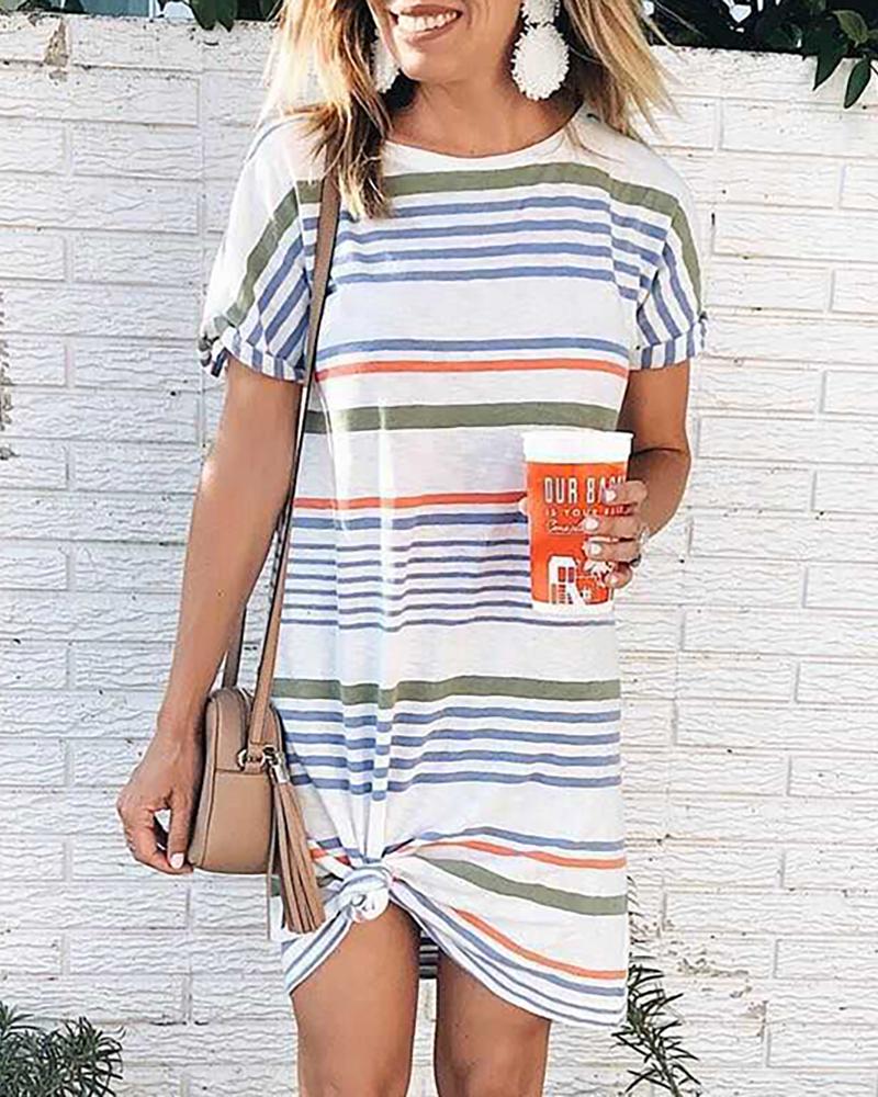 

Striped Short Sleeve Casual Dress, White