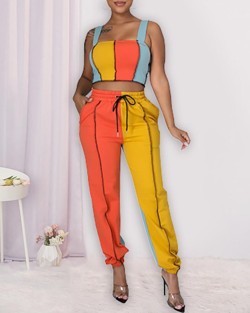 

Thick Strap Colorblock Crop Top & Drawstring Pants Set, Orange