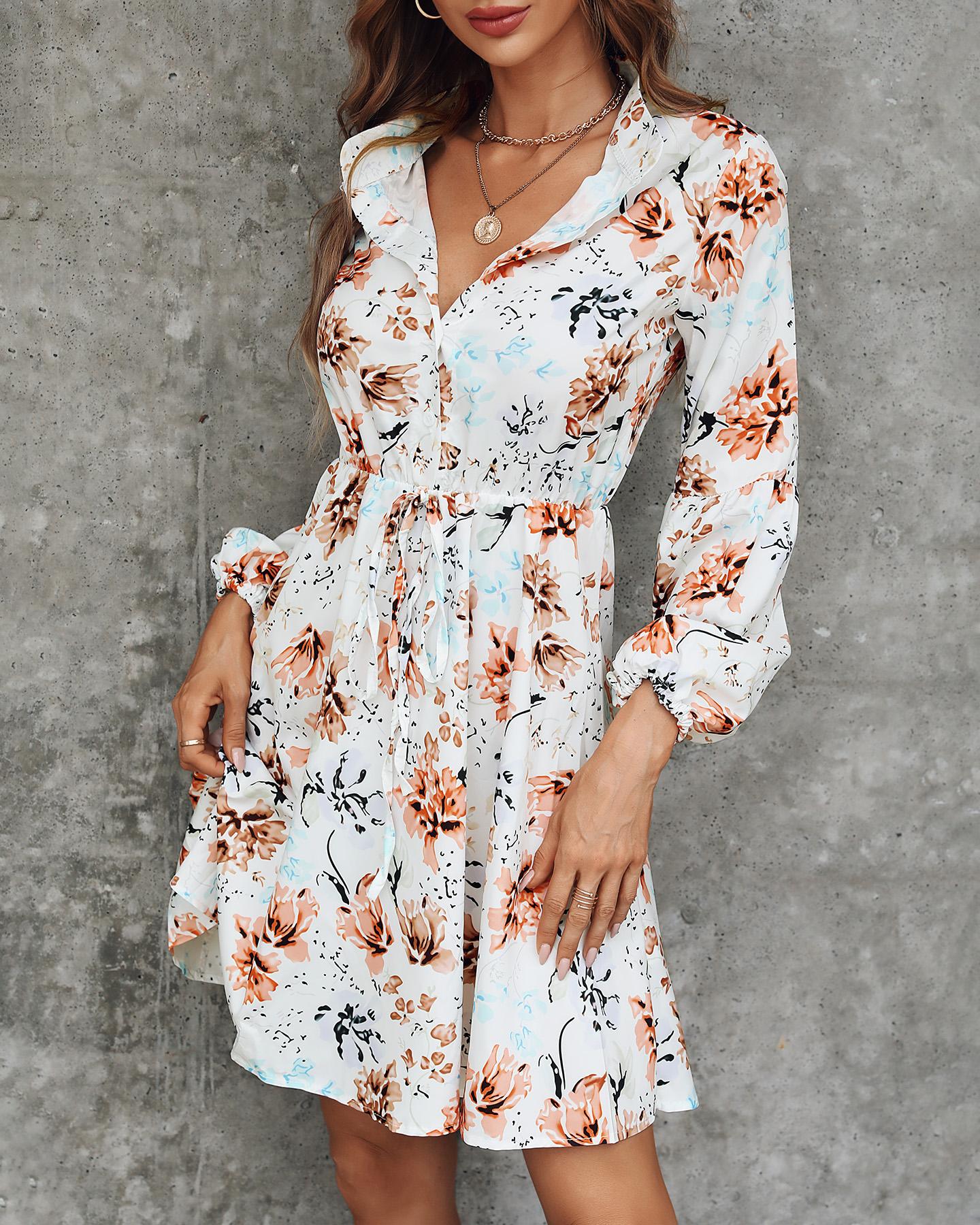 

Long Sleeve Print Casual Dress, White