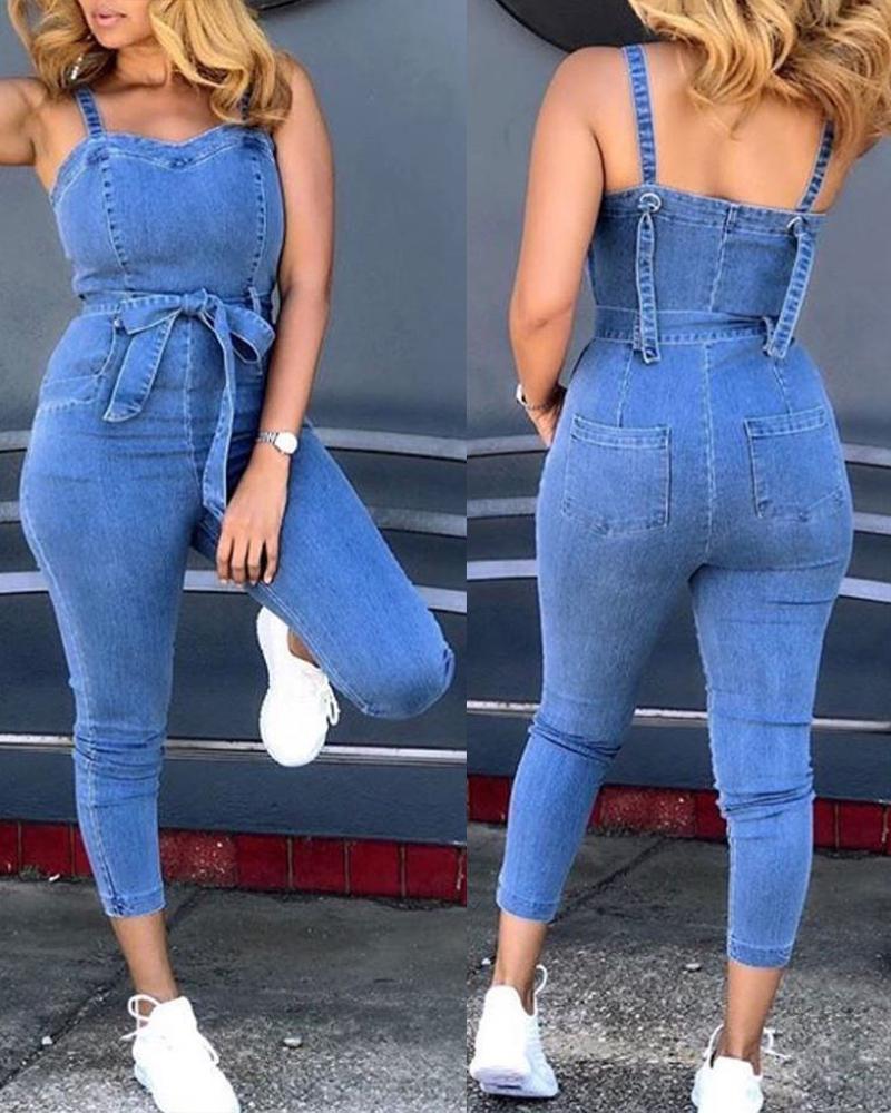 

Thin Strap Pockets Design Causal Denim Jumpsuit, Blue