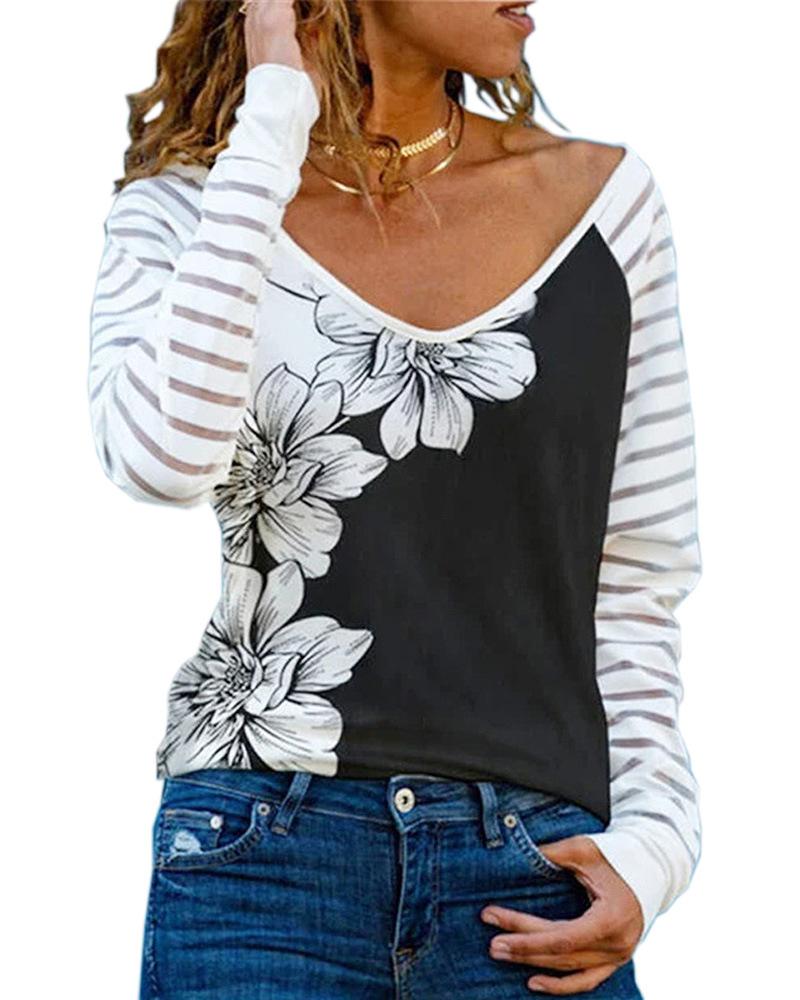 

Colorblock Floral Print Long Sleeve T-shirt, Black