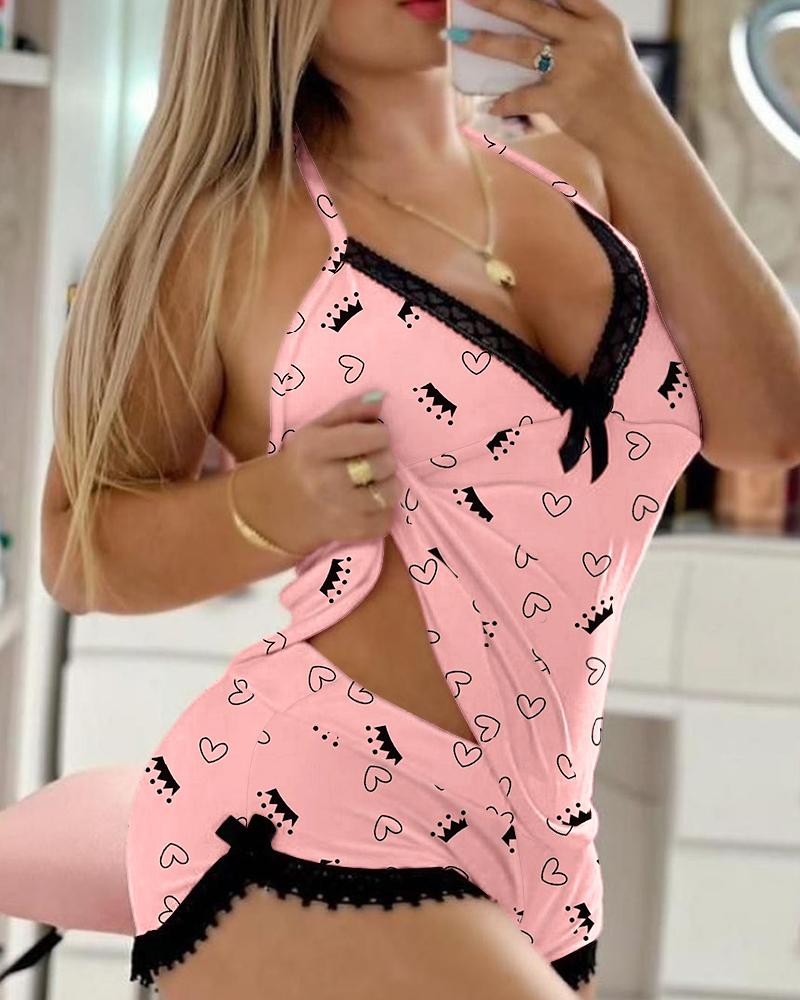 

Heart Print Contrast Lace Bowknot Decor Cami Set, Pink