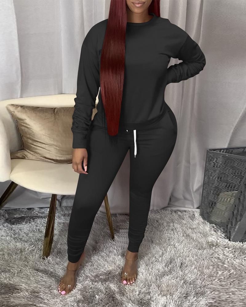

Ruched Long Sleeve Top & Drawstring Pants Set, Black