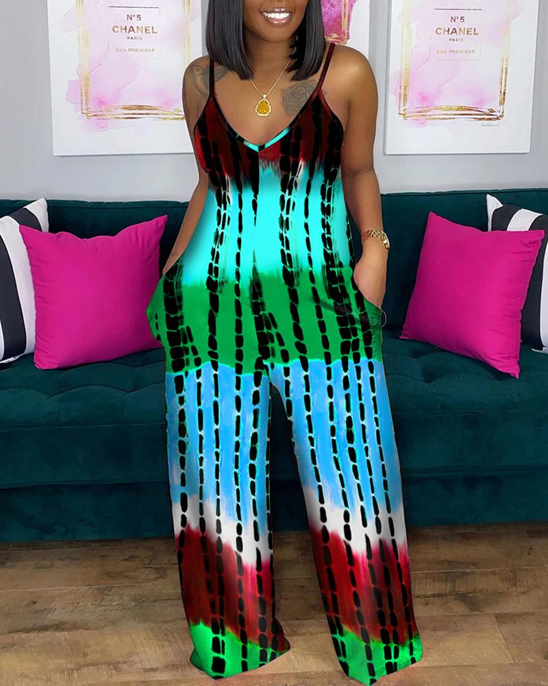 

Tie Dye Print Spaghetti Strap V Neck Jumpsuit, Green
