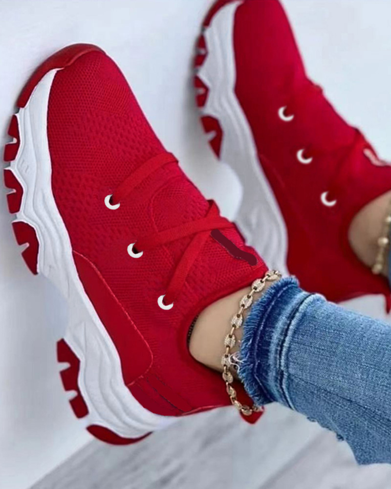 

Contrast Paneled Lace-up Breathable Sneakers, Red