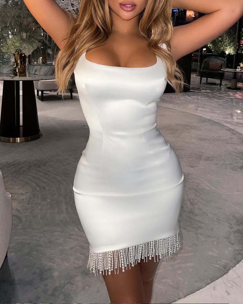 

Sleeveless Beaded Tassel Trim Party Dress, White