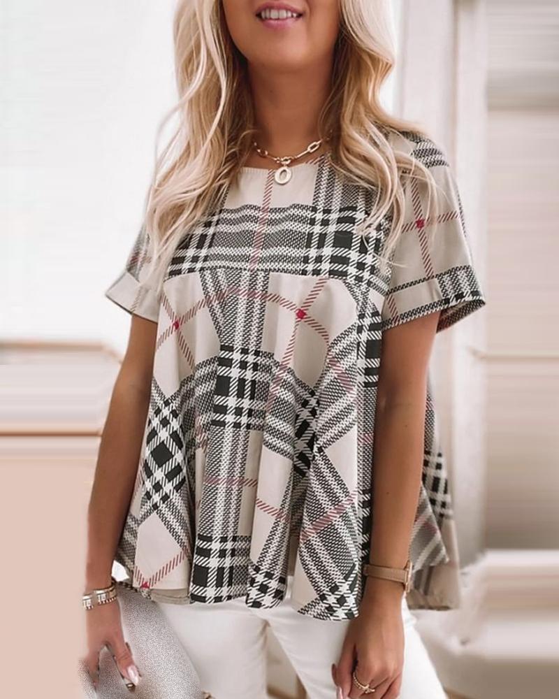 

Plaid Print Colorblock Short Sleeve Casual Top, Apricot