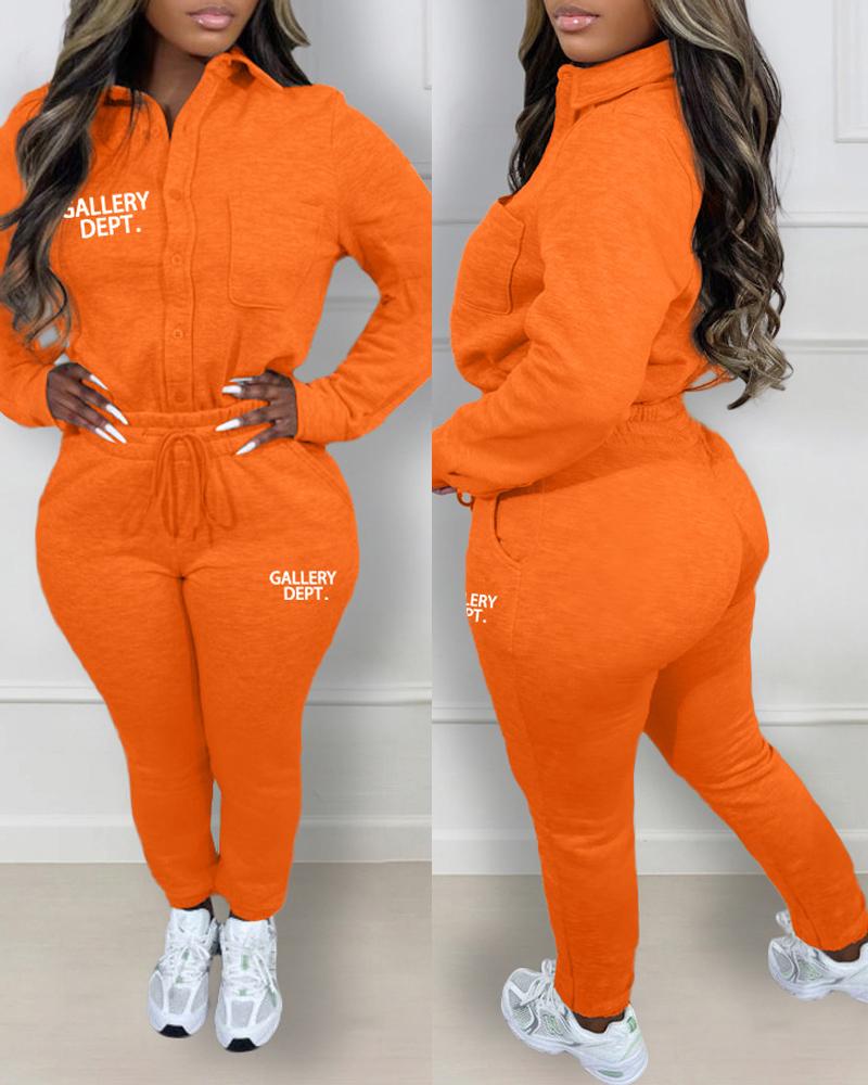 

Letter Print Long Sleeve Buttoned Top & Drawstring Pants Set, Orange