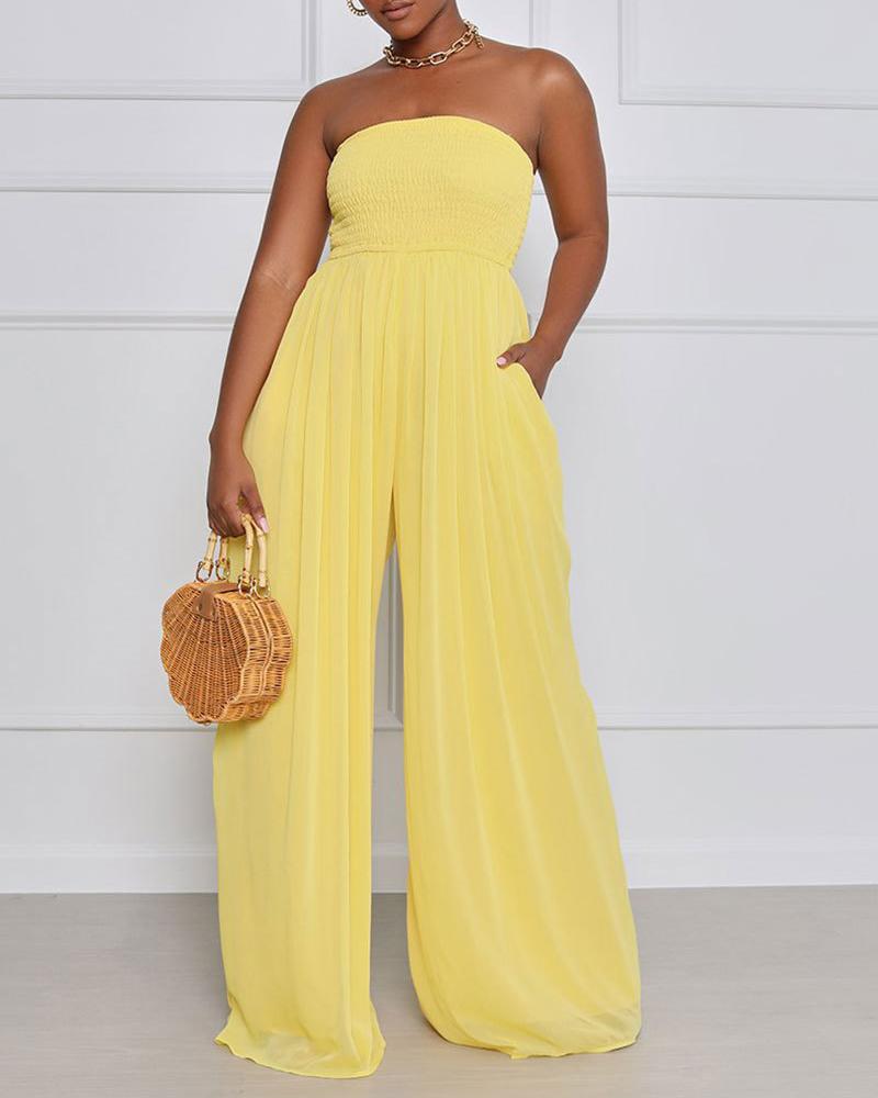 Ruched Bandeau Shirred Wide Leg Jumpsuit