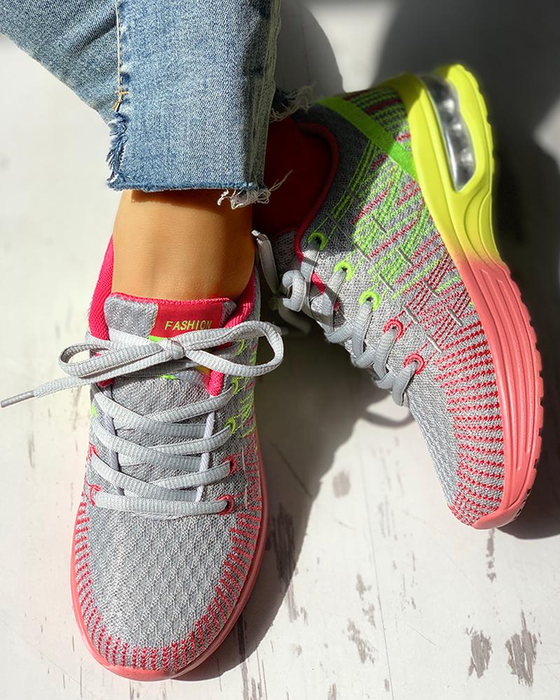 

Colorblock Knitted Breathable Lace-Up Sneakers, Gray