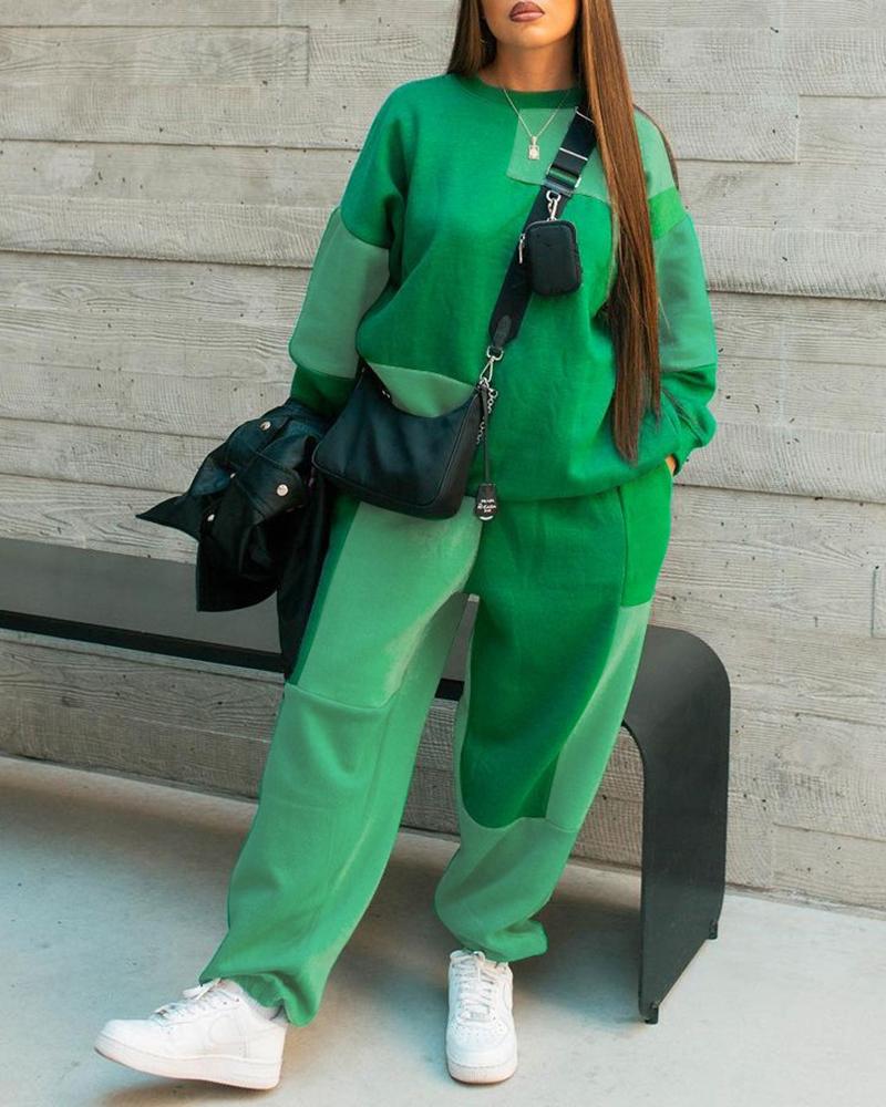 

Colorblock Lantern Sleeve Sweatshirt & Pants Set, Green