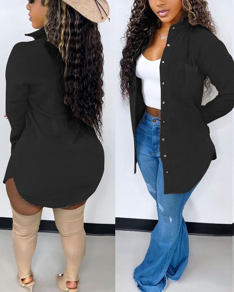 

Long Sleeve Button Down Corduroy Shirt Dress, Black
