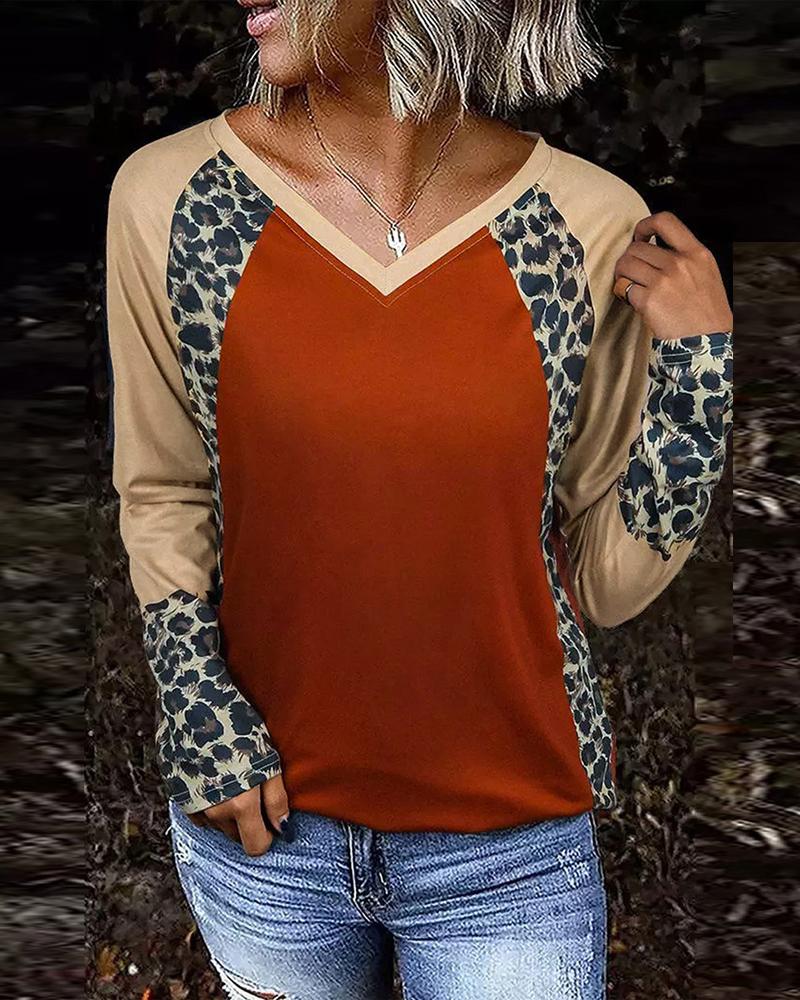 

Contrast Leopard Colorblock Long Sleeve Top, Brown