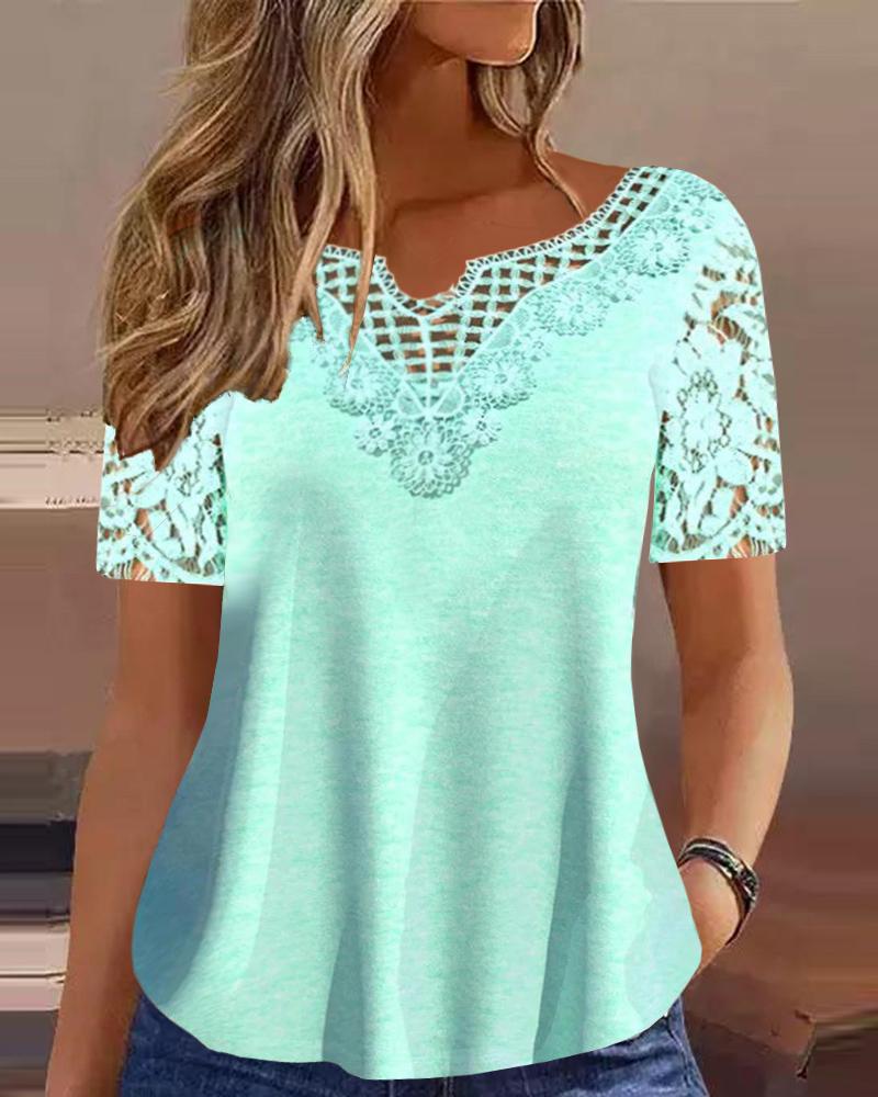 

Contrast Lace Short Sleeve Top, Green