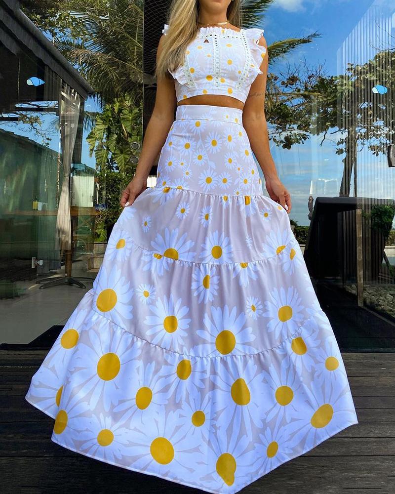 

Daisy Print Sleeveless Tanks With Long Maxi Skirts Suit Sets, Apricot