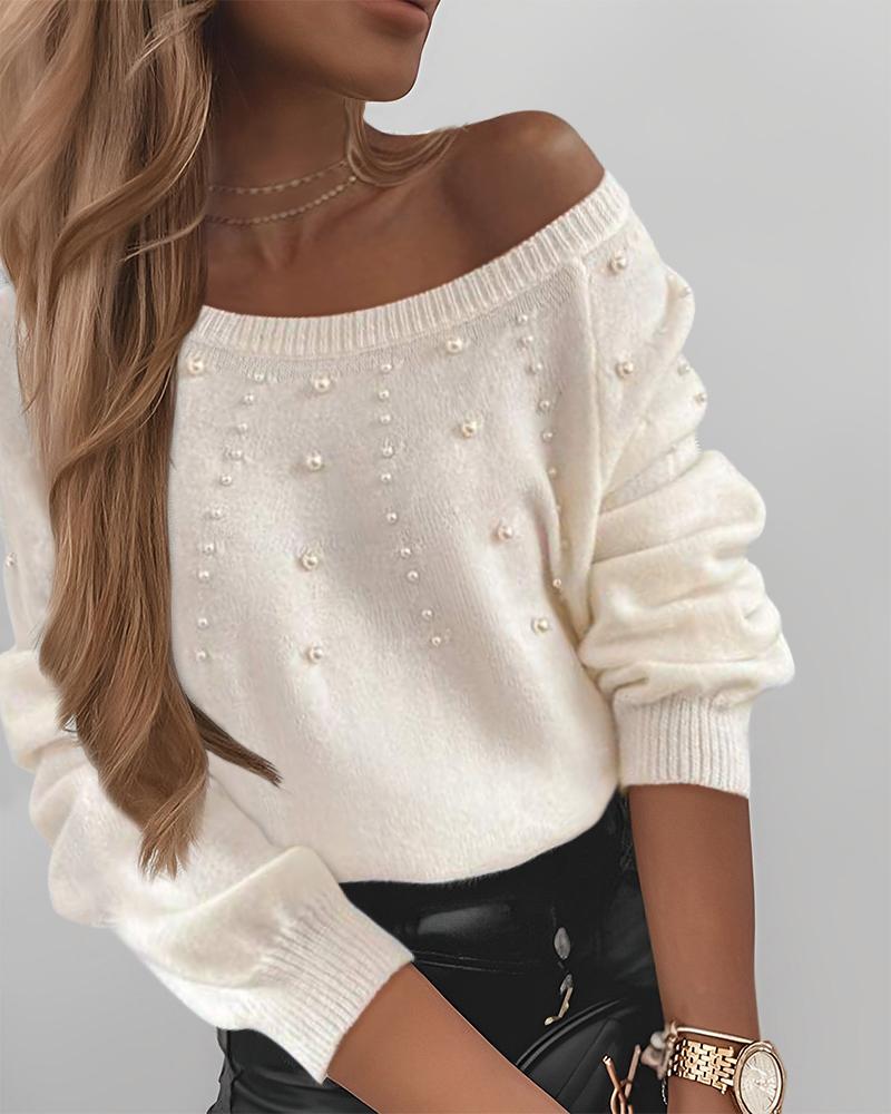 

Skew Neck Beaded Long Sleeve Casual Sweater, Beige