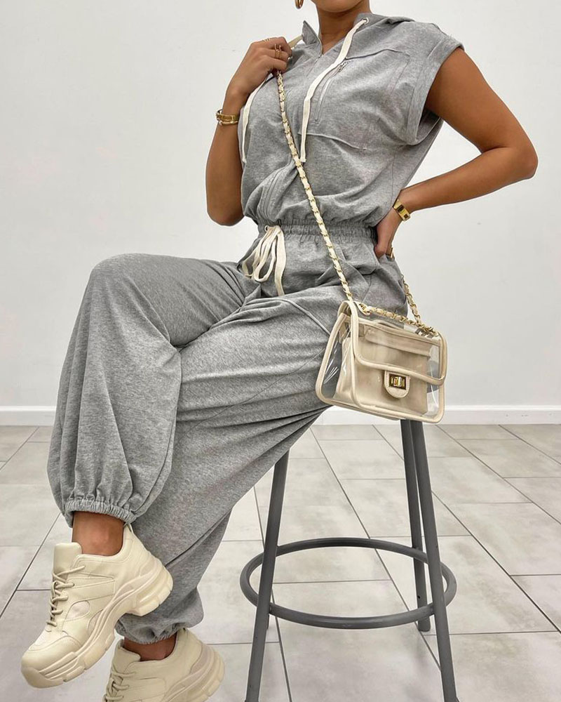 

Zipper Front Hooded Pocket Roll Hem Drawstring Waist Jumpsuit, Gray