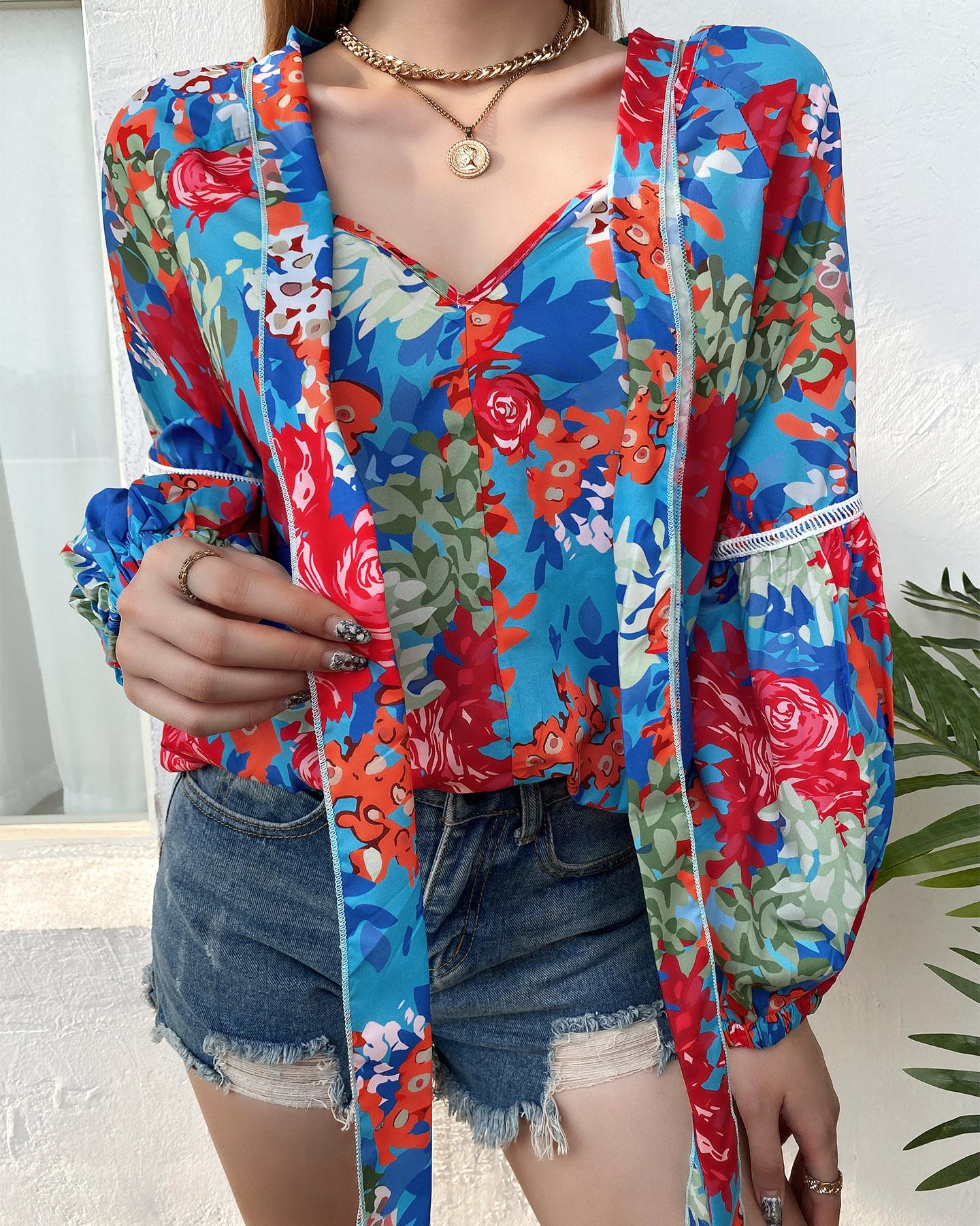 

Floral Print Lantern Sleeve Strap Decor Top, Multicolor