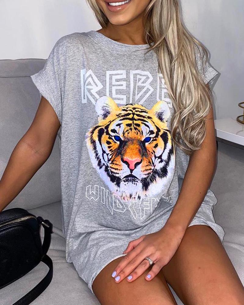 

Tiger Print Short Sleeve Casual Dress, Light gray