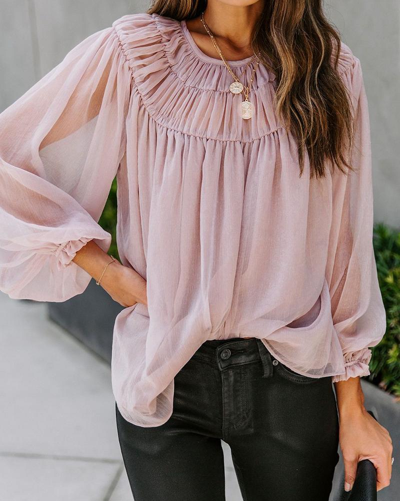 

Solid Long Sleeve Loose Bloomer Sleeve Blouse, Pink