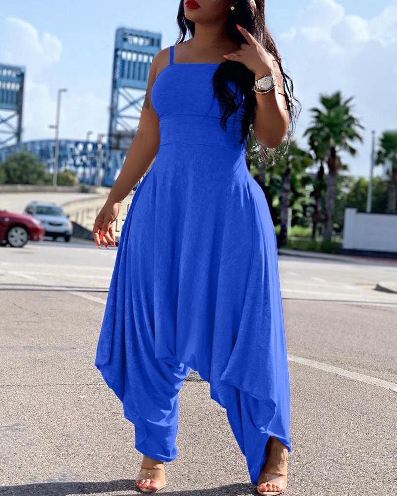 

Spaghetti Strap Plain Harem Jumpsuit, Blue