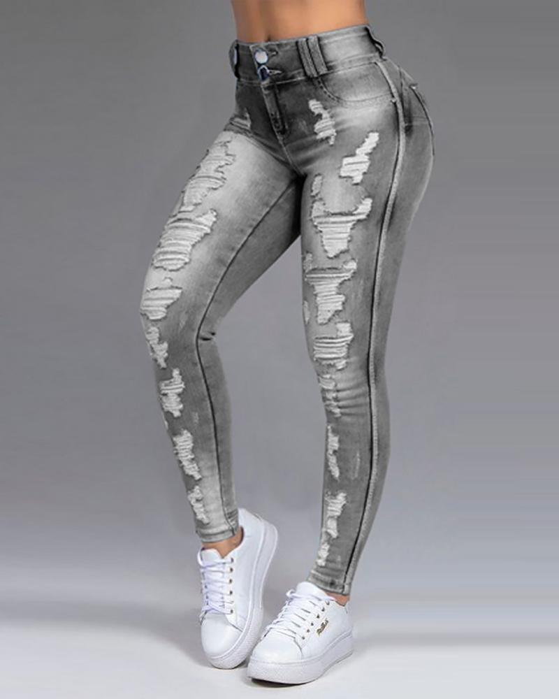 

Ripped Single Button High Waist Jeans, Gray