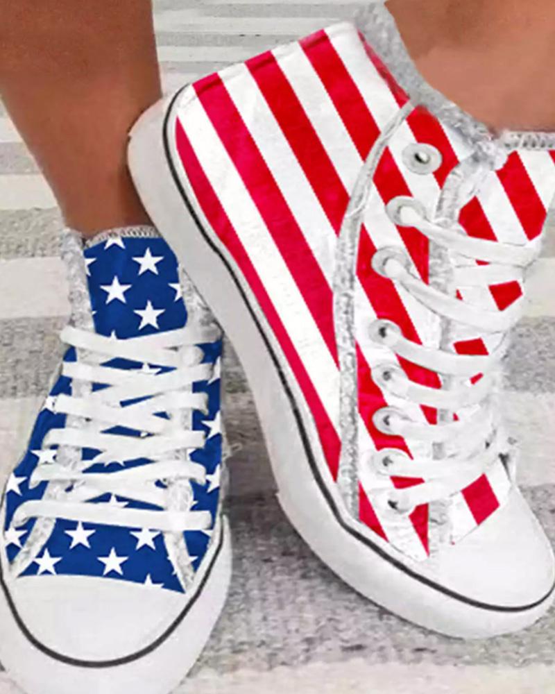 

American Flag Lace-up Fringe High Top Canvas Shoes, Blue&red