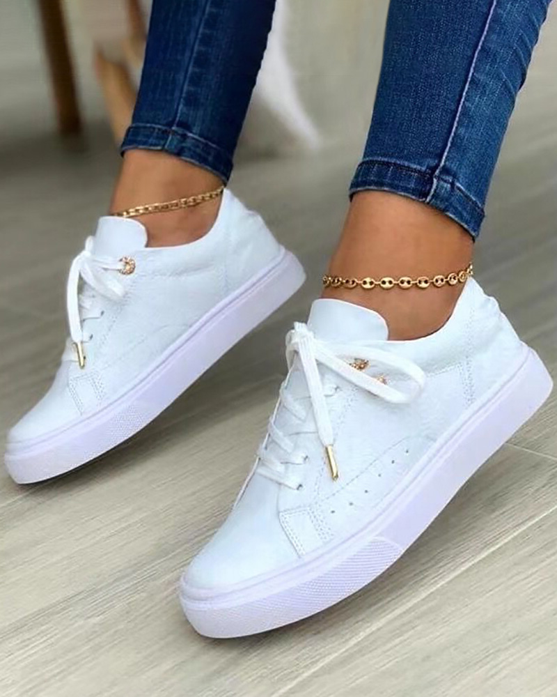 

Floral Pattern Lace-up Eyelet Sneakers, White