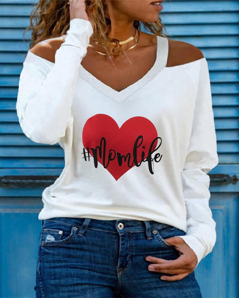 

Mother' Day Gift Cold Shoulder Letter Heart Print Long Sleeve Top, White