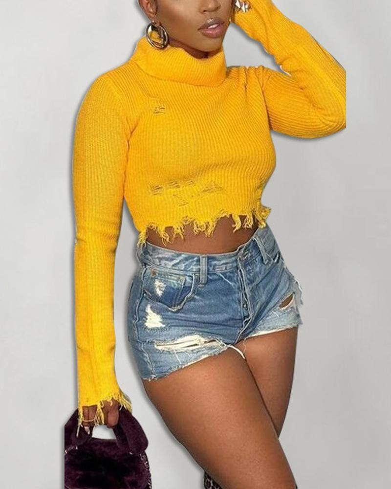 

Long Sleeve Turtleneck Distressed Crop Sweater, Yellow