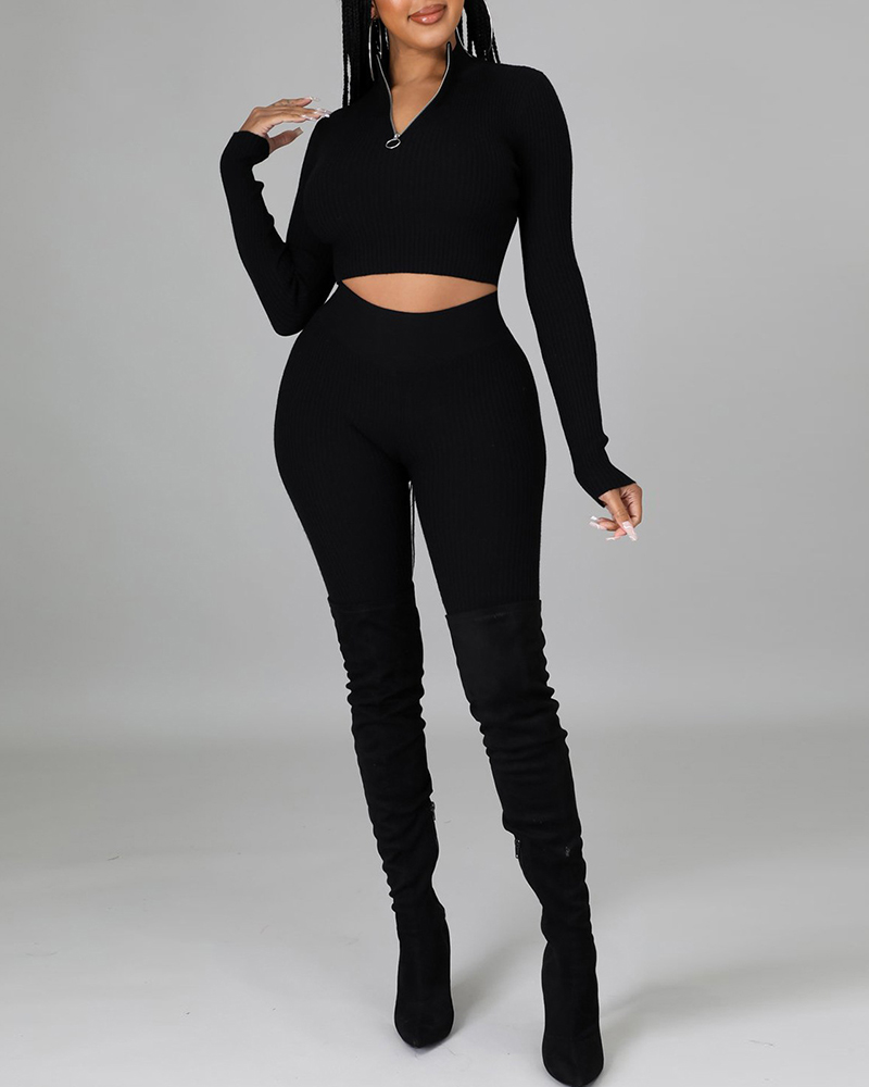 

Ribbed Zipper Front Crop Top & Pants Set, Black