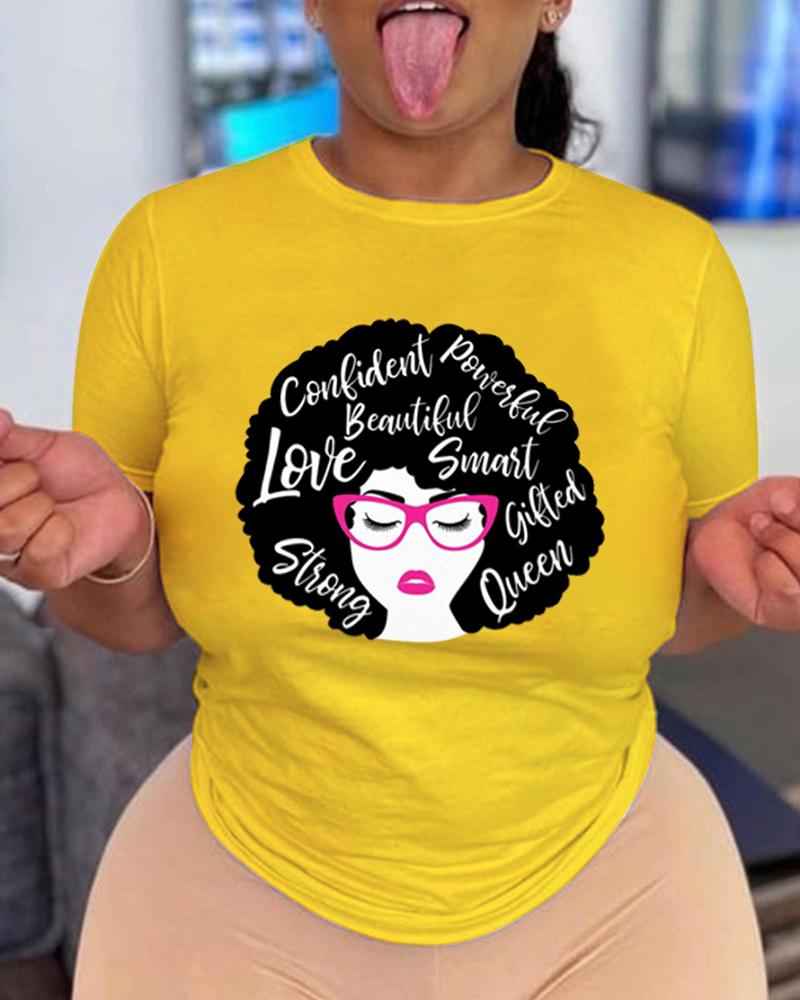 

Purple Eye Figure Print Short Sleeve T-shirt, Yellow
