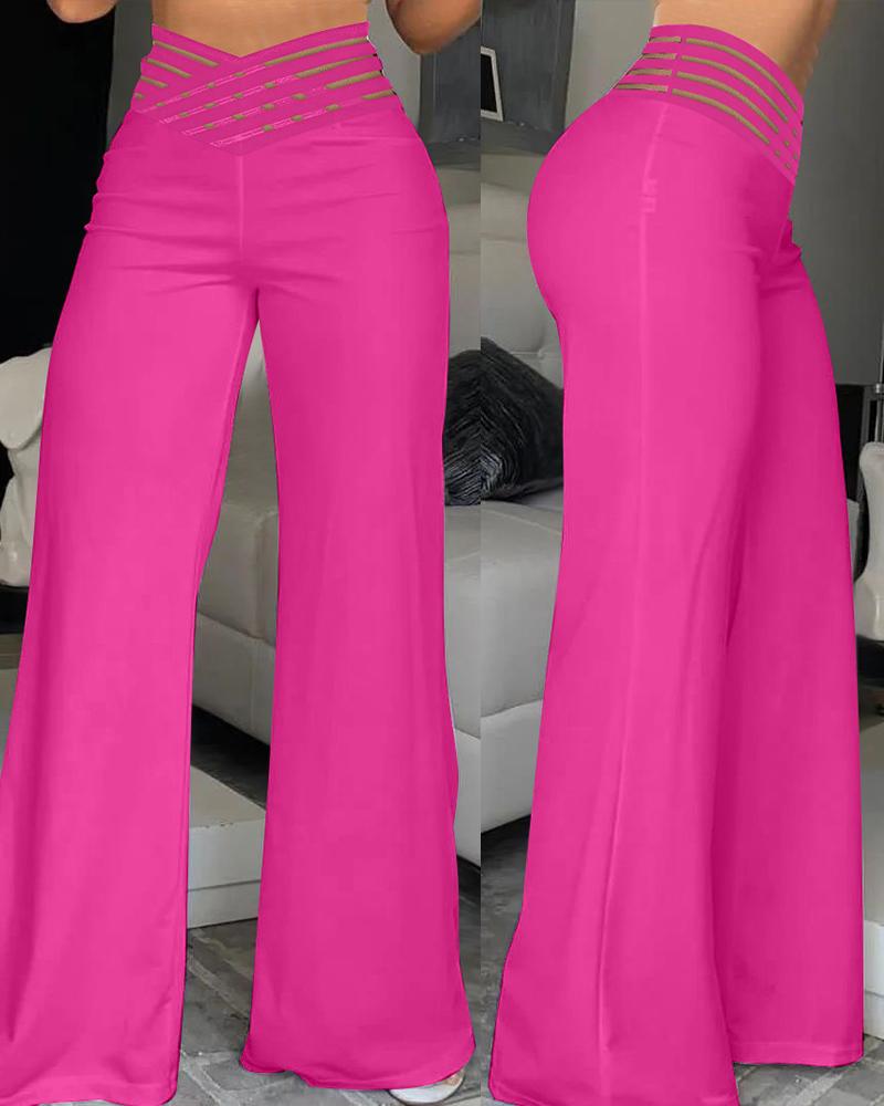 

Crisscross Sheer Mesh Patch High Waist Pants, Rose red