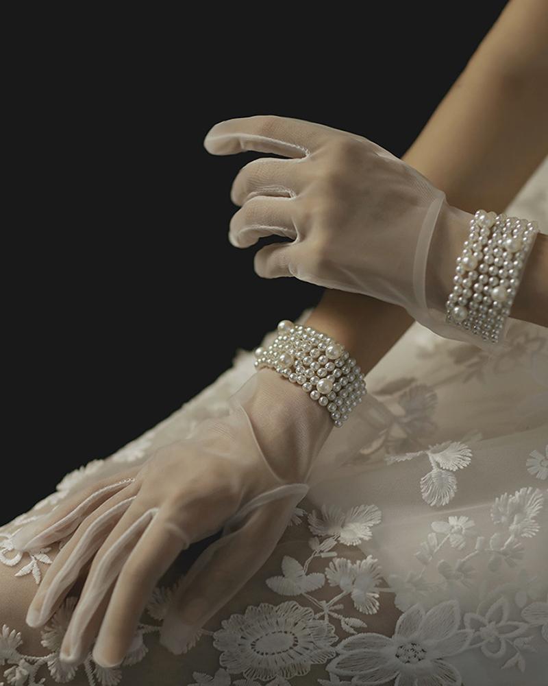 

Sheer Mesh Beaded Decor Gloves, White