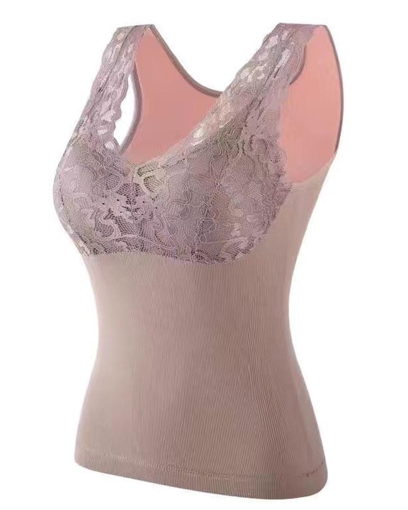 

Contrast Lace Warm Fleece Lined Padded Tank Top, Pink