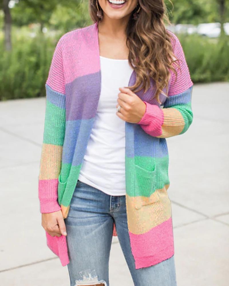 

Rainbow Stripe Print Pocket Design Knit Cardigan, Pink