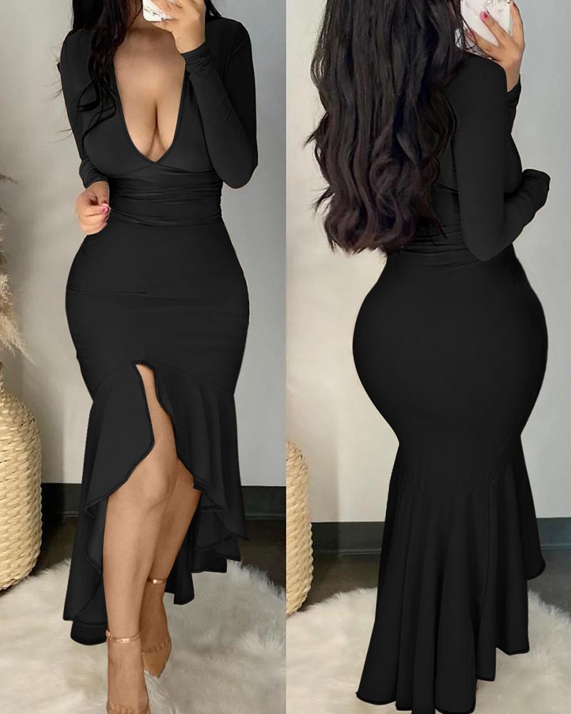 

Long Sleeve Deep V-Neck Mermaid Dress, Black