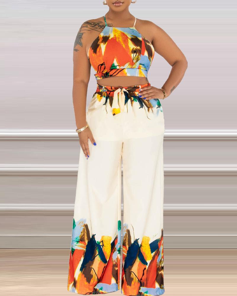 

Plus Size Abstract Print Crisscross Backless Cami Top & Wide Leg Pants Set, Orange