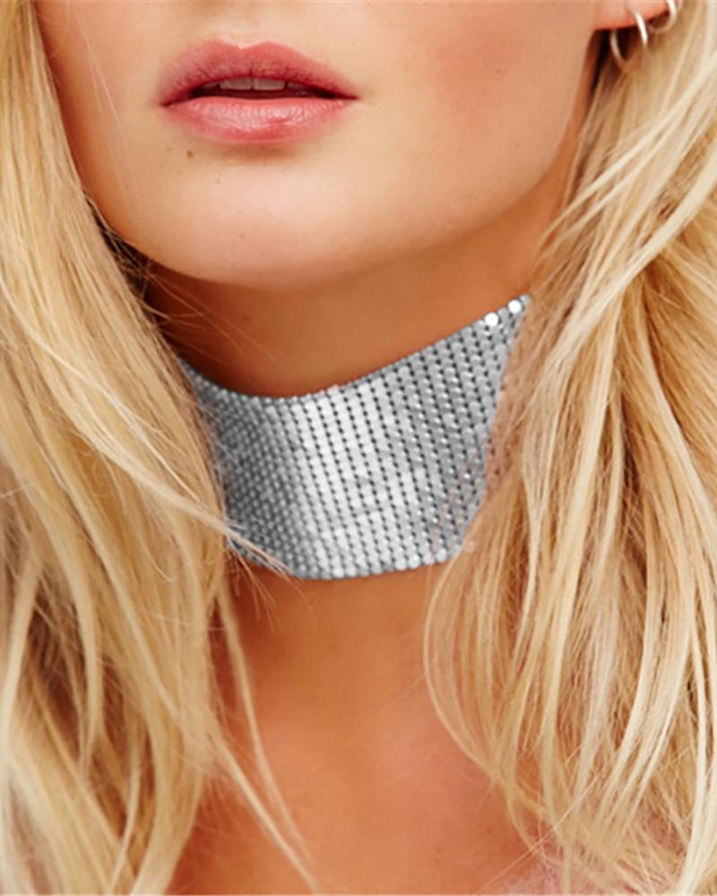 

Allover Rhinestone Wide Band Choker, Silver