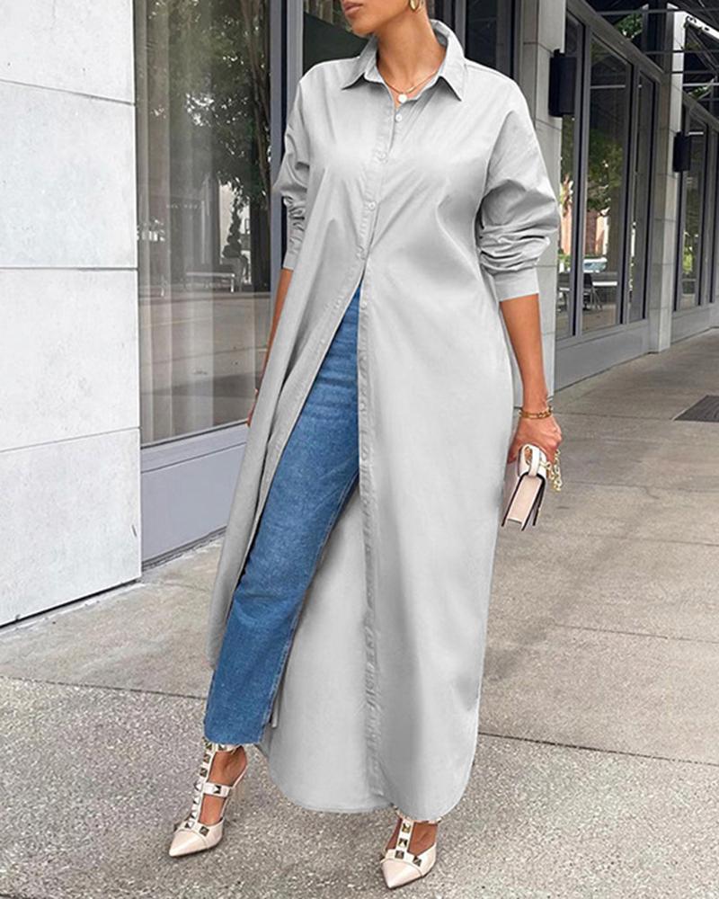 

Long Sleeve Buttoned Slit Shirt Dress, Light gray