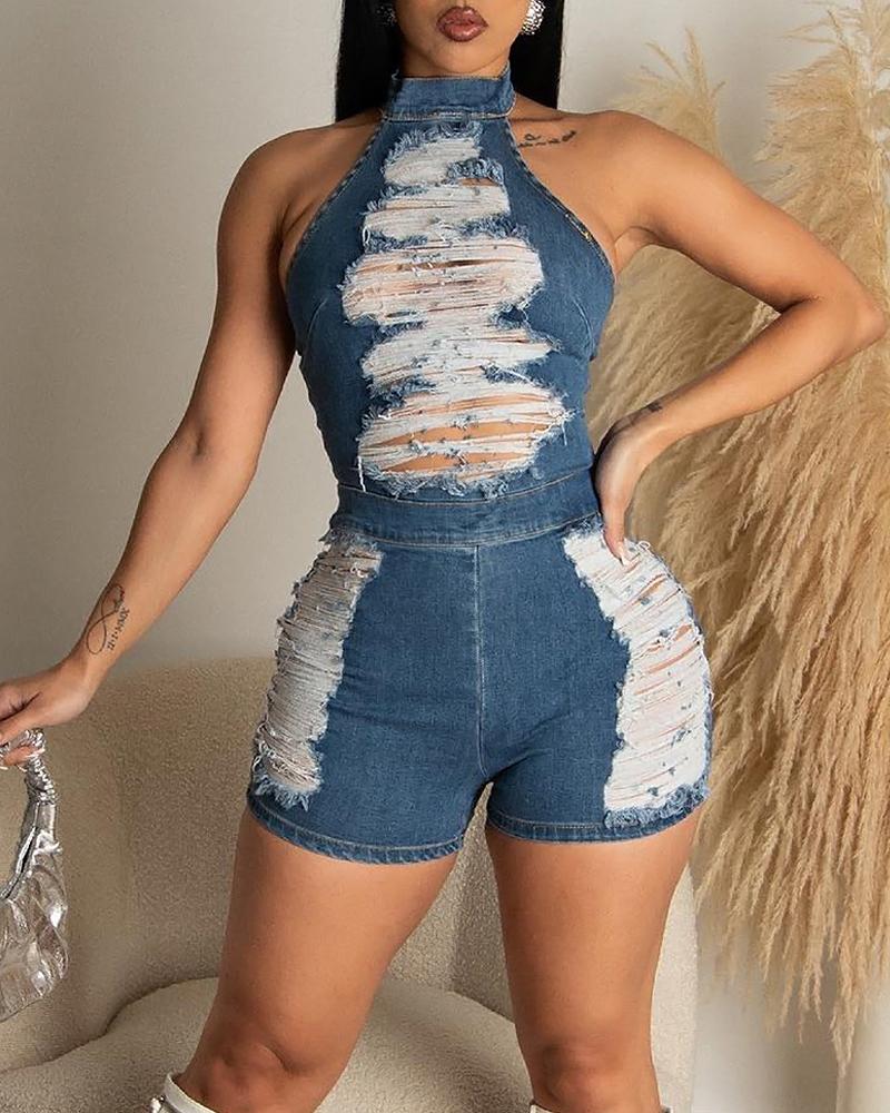 

Ripped Halter Backless Denim Romper, Blue