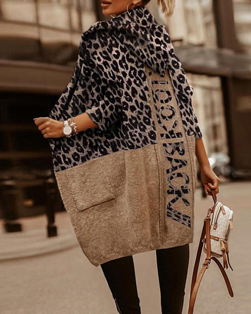 

Contrast Leopard Long Sleeve Hooded Cardigan, Brown