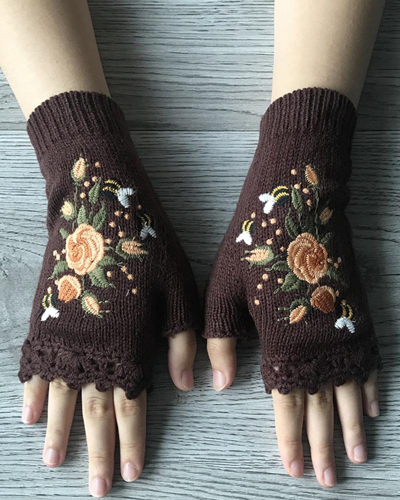 

1Pair Floral Embroidery Hollow Out Fingerless Knit Gloves, Coffee